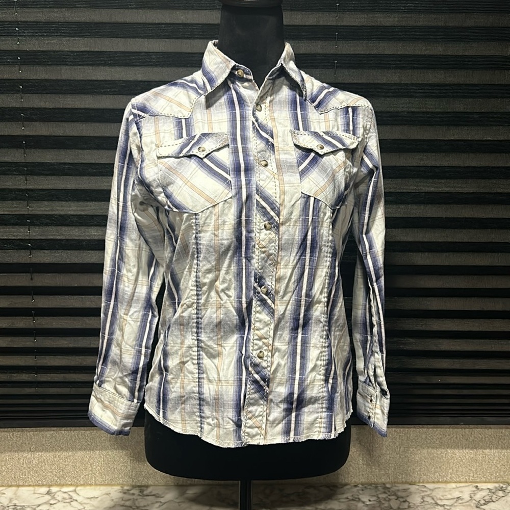 Wrangler‎ Boys Blue Plaid Pearl Snap Long Sleeve Button Front Shirt Large 10/12